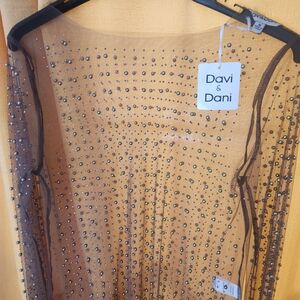Davi & Dani Brown Long Sleeve Blouse with Rhinestone Accents